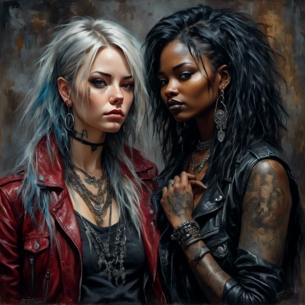 Metalhead Women in Punk Watercolor Style