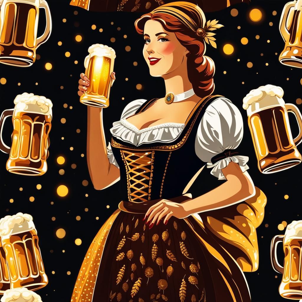 Woman in Bavarian Costume with Beers, Cel-Shaded