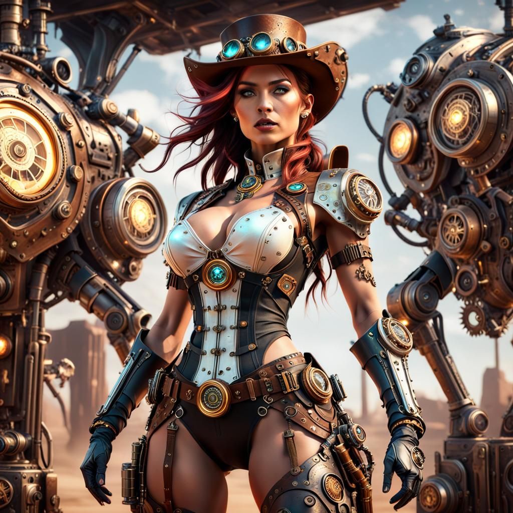 Steampunk Cowgirl with Pistols in Astral Illustration
