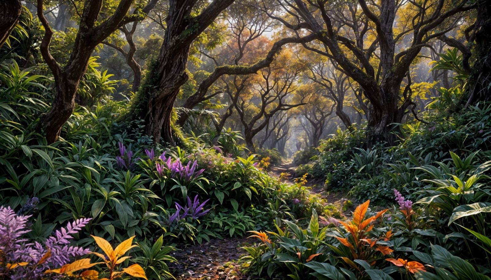 Ethereal Landscape with Lush Foliage in Orange and Violet