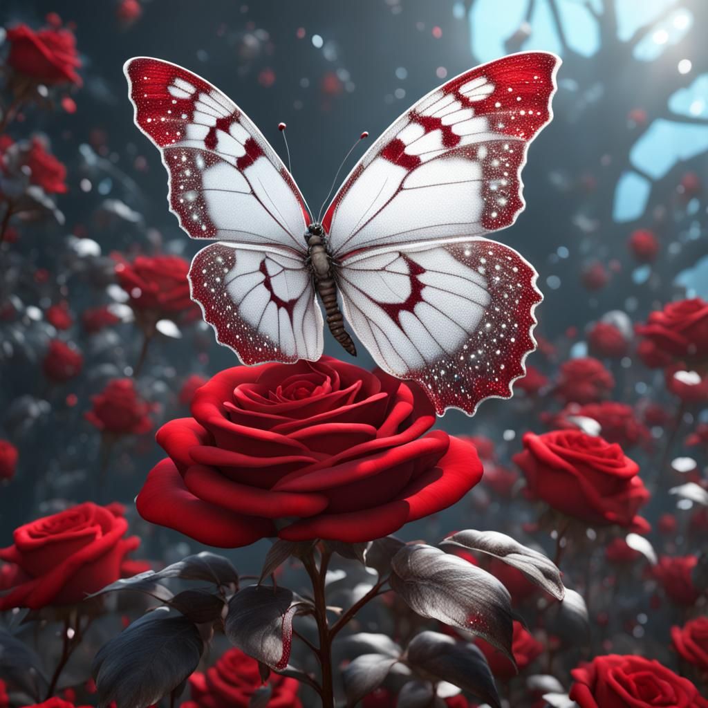 Crystal Butterfly on Red Rose Tree: Detailed Matte Painting