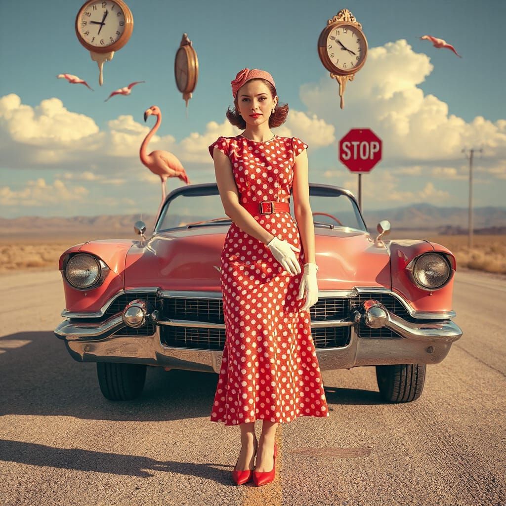 Glamorous Woman on Desert Highway in Surreal Style