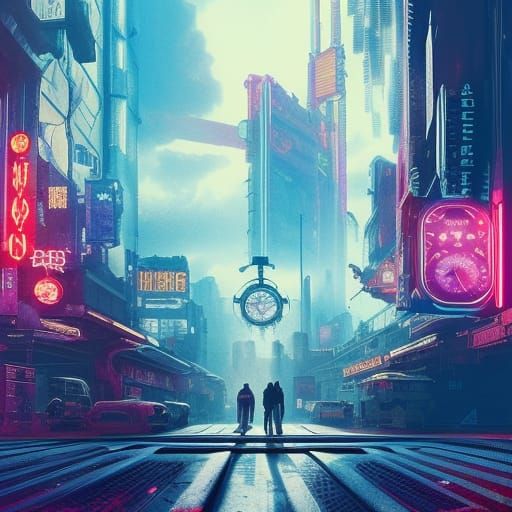 Broken Clock in Cyberpunk Space with Steampunk Engine