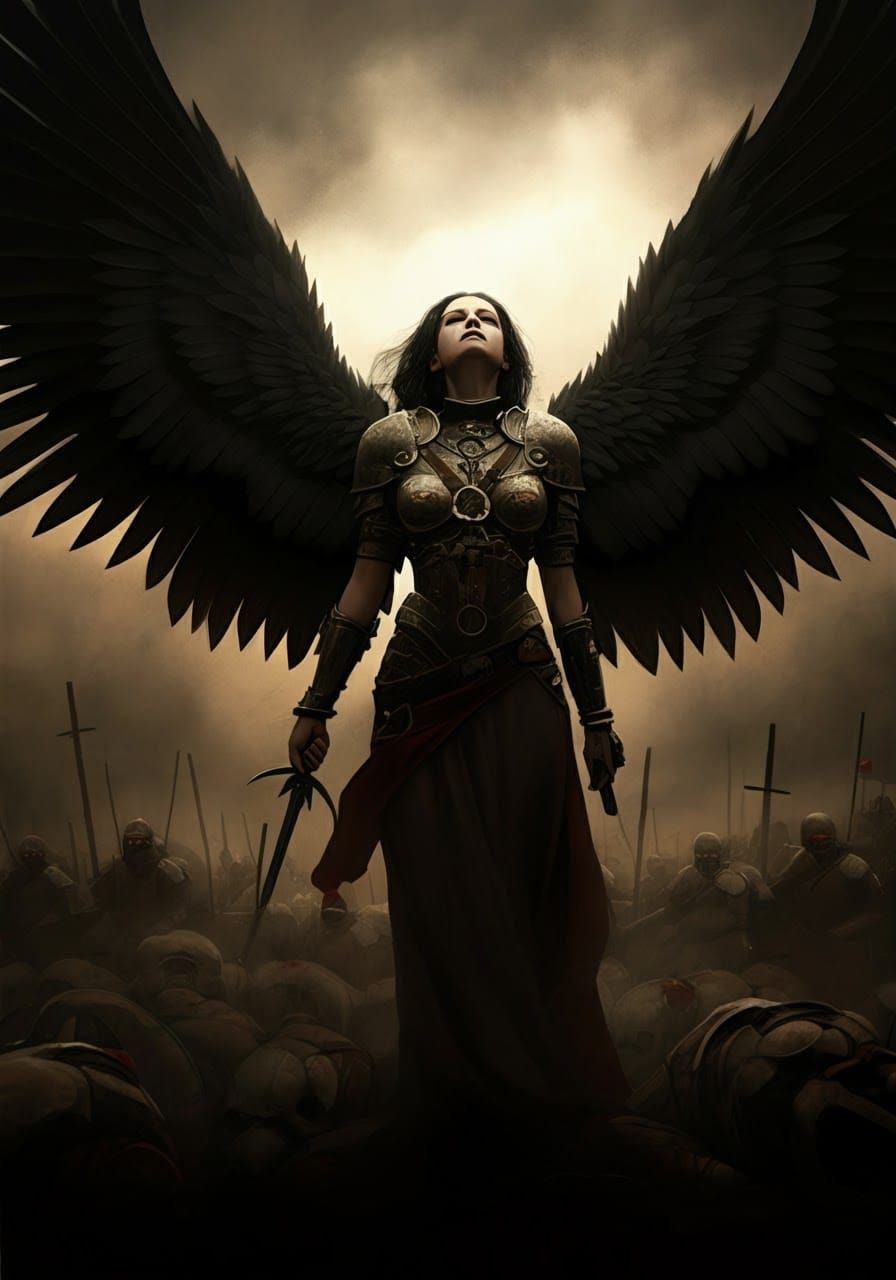 Victorious Angel on Battlefield with Black Wings