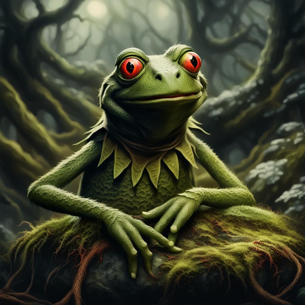 Cursed Kermit Portrait in Dark Fantasy Style