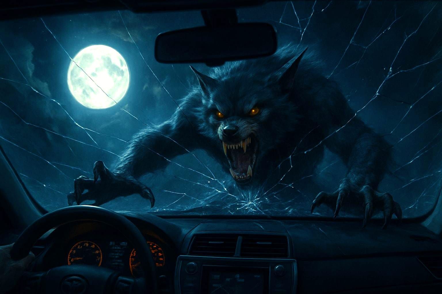 Werewolf Attack on Car Windshield in Moonlight