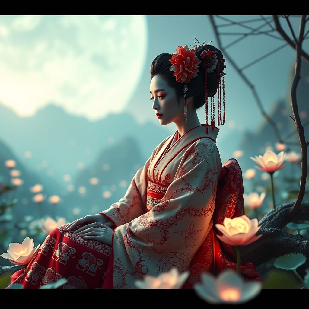 Geisha Queen of Hearts in Alien Bioluminescent Garden