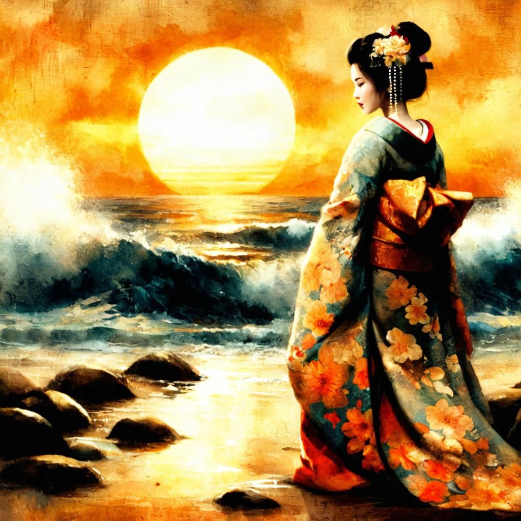 Serene Geisha standing on a rocky shore
