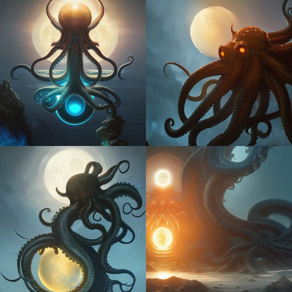 Psychedelic Octopus Sun and Moon, Dark Fantasy Art