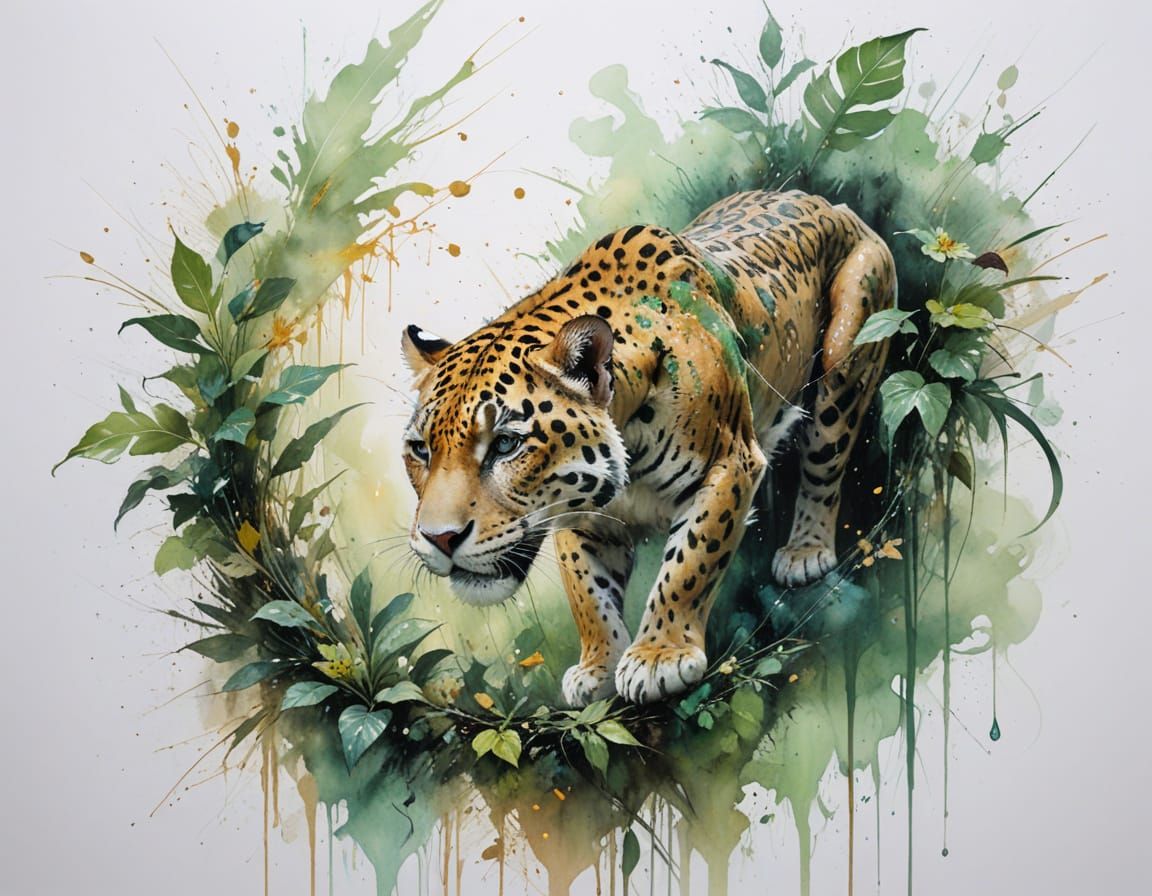 Monsoon Jaguar Emerges from Emerald Mist in Oil Painting