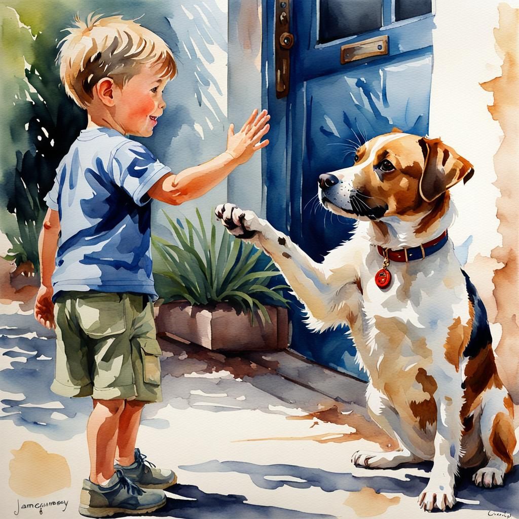 Dog High-Five: Watercolor Oil Painting of Boy and Dog