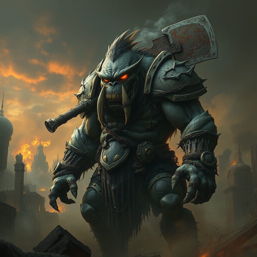 Dystopian Troll Warlord in Ruined Cityscape