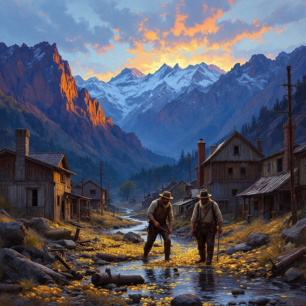 Gold Rush Miners in Mountain Sunrise Oil Painting