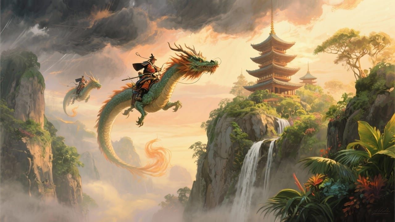 Dragons and Samurai Riders Over Pagodas in Misty Fantasy Lan...