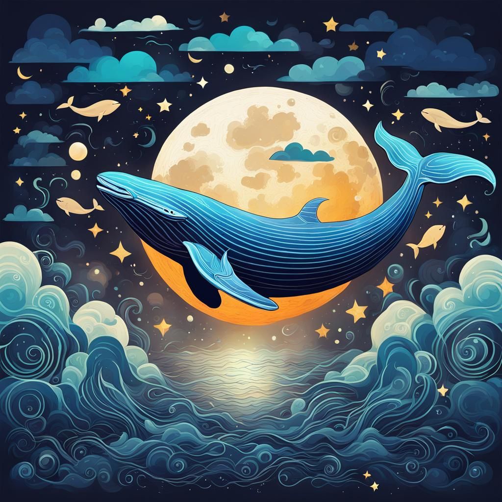 Dreamy Moon Whale in Splash Art Style