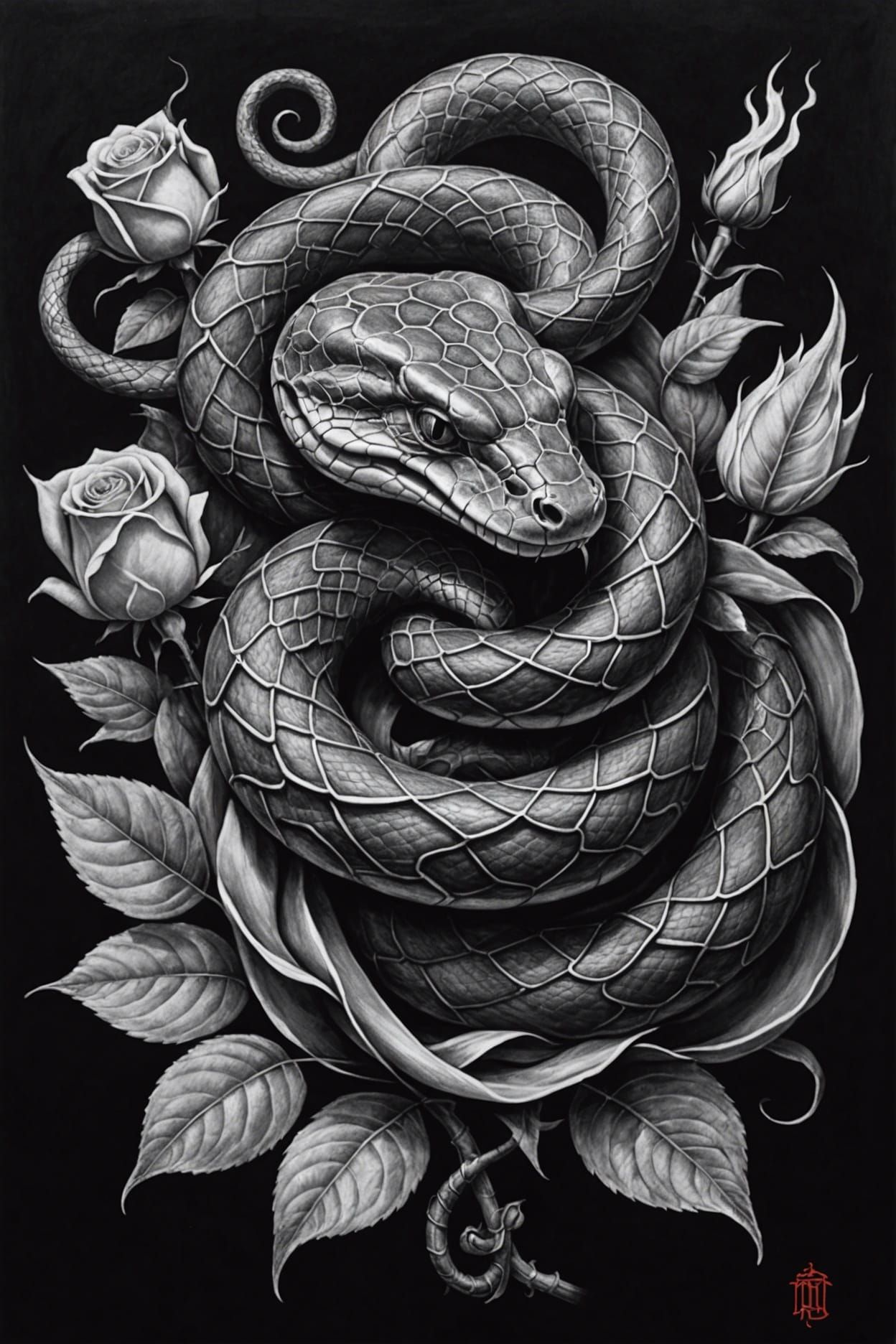Detailed Charcoal Drawing: Snake and Rose with Flames