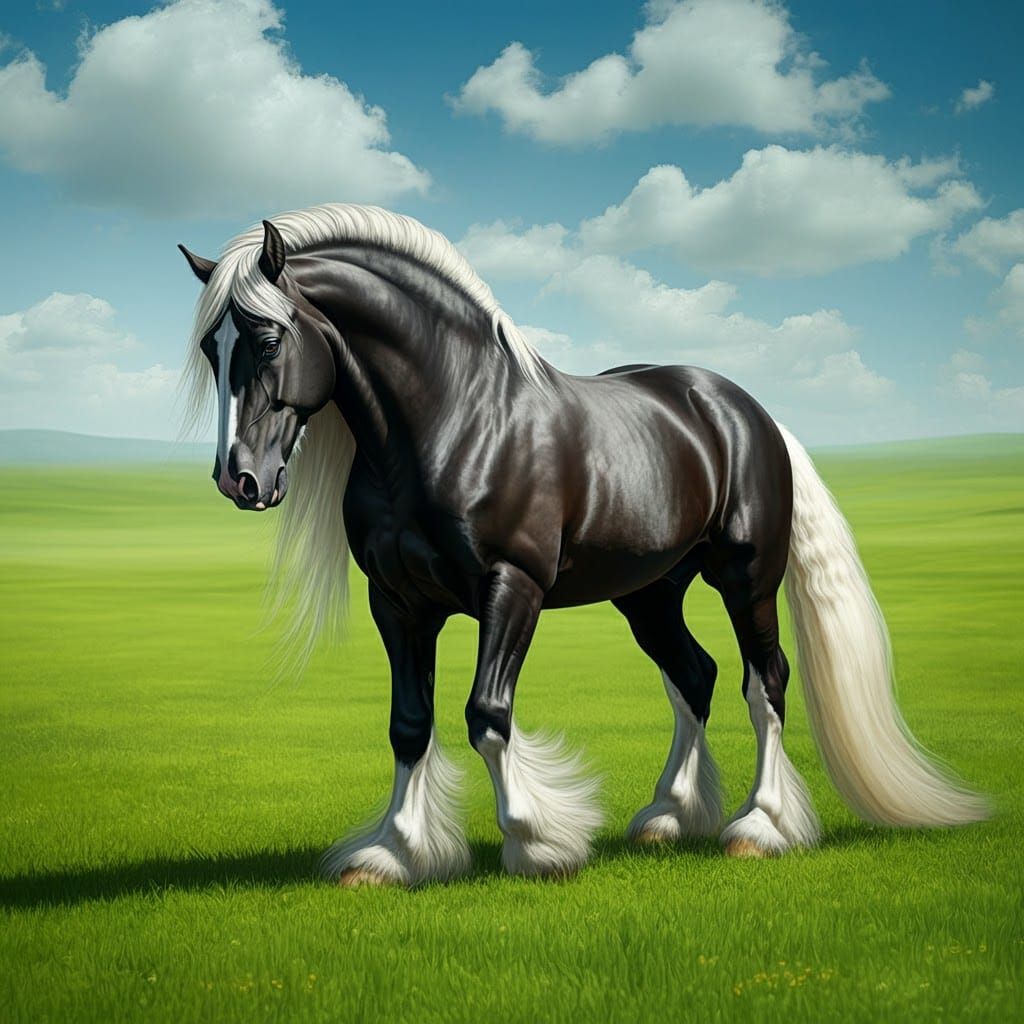 Majestic Black Horse on Emerald Prairie