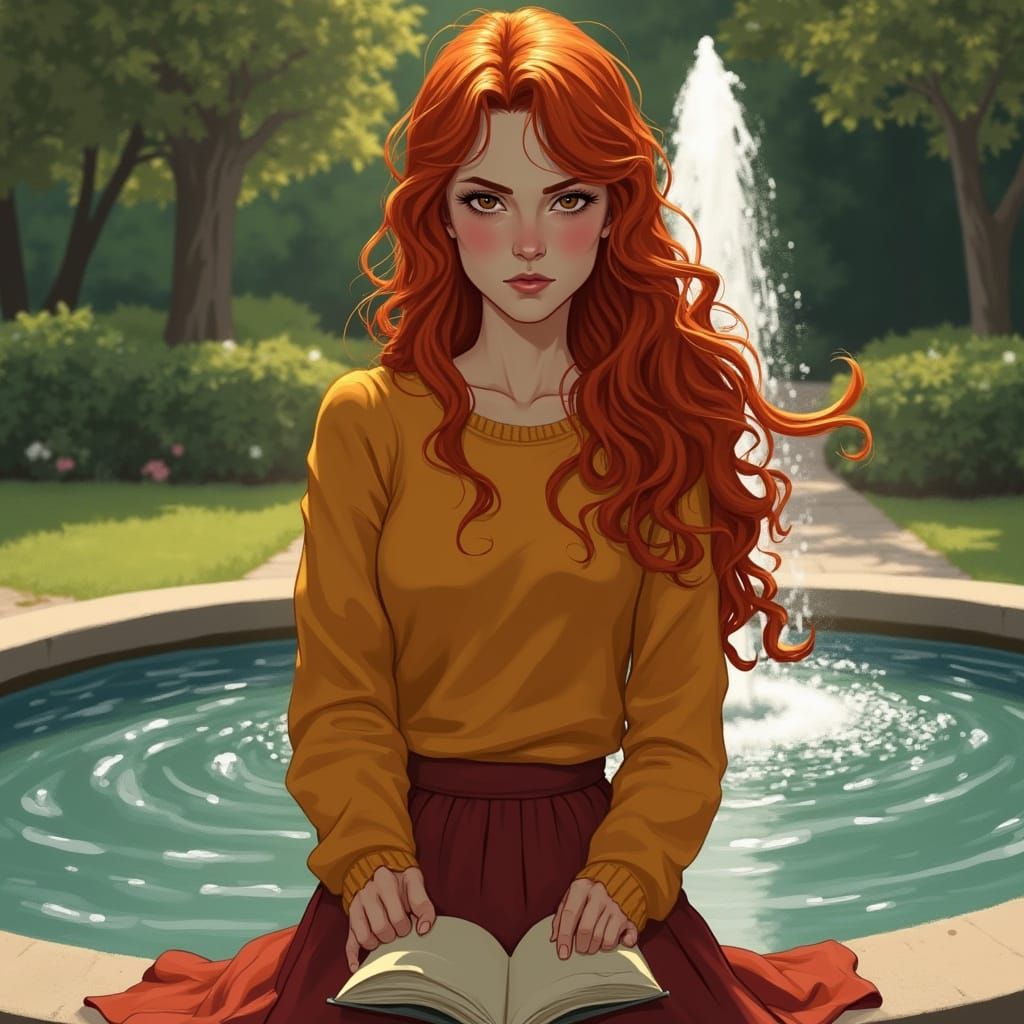 Ginny Weasley Intensely Reads on Fountain's Edge