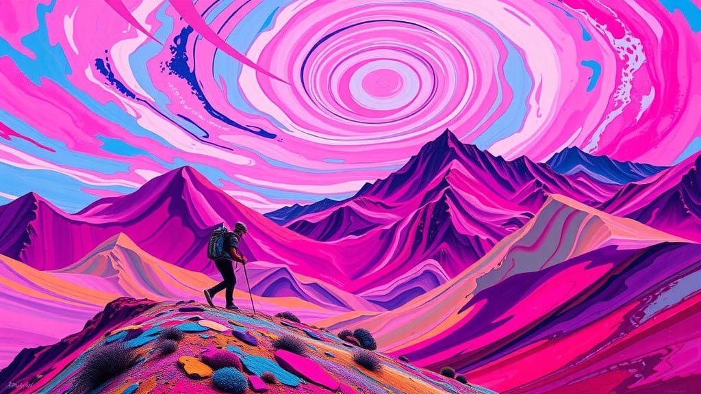 Surreal Mountainscape in Vibrant Hues with Dreamlike Quality