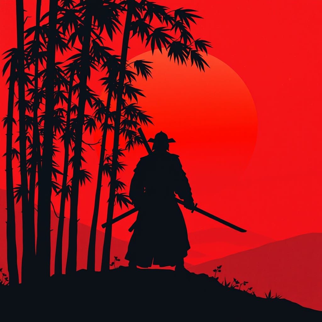 Samurai Warrior Silhouette in Japanese Woodblock Style