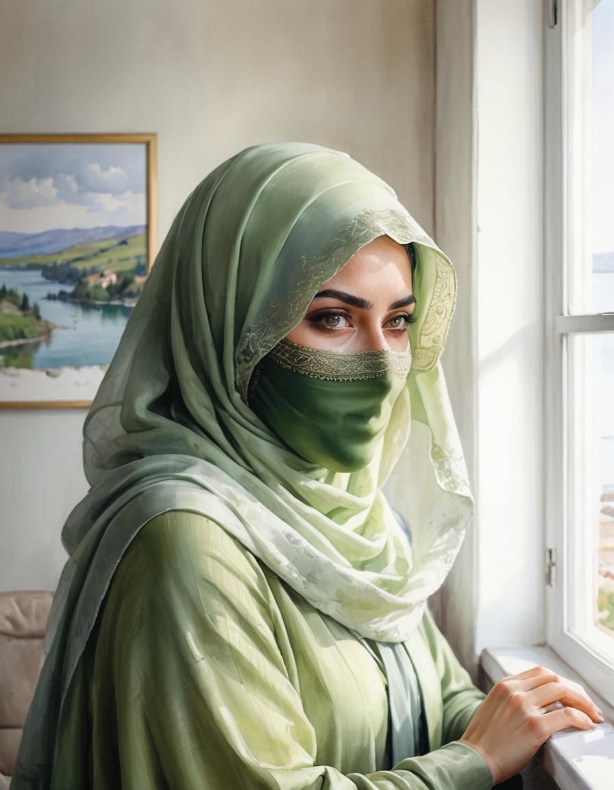 Woman in Green Niqab Watercolor Portrait
