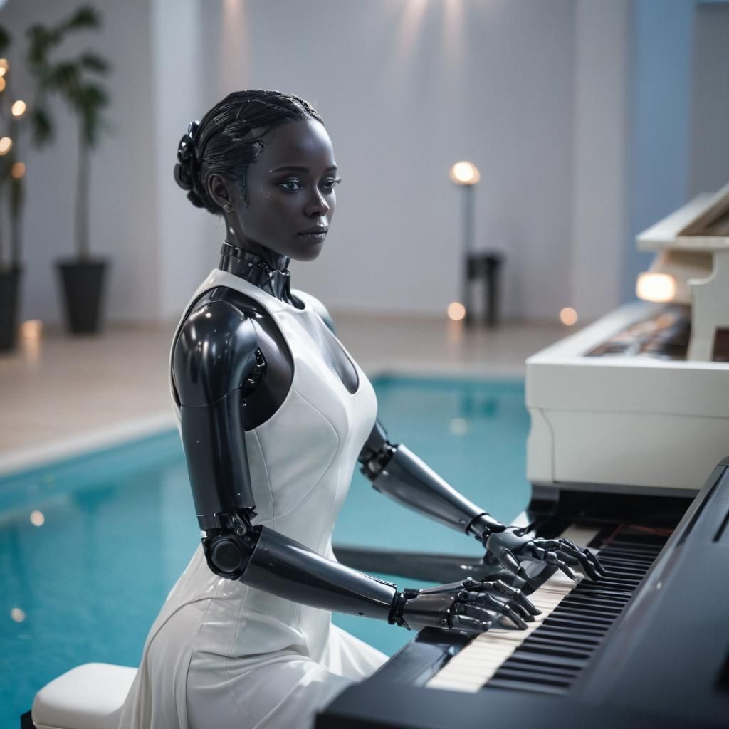 Metallic Robot Plays Piano in Futuristic Setting