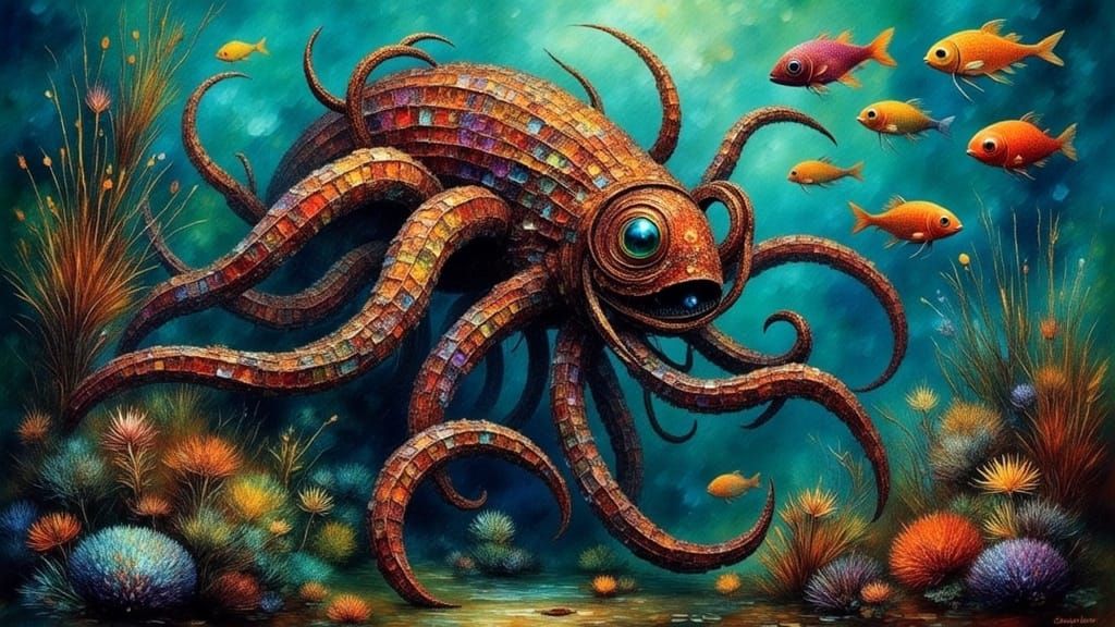 Majestic Mineral Kraken in Iridescent Depths