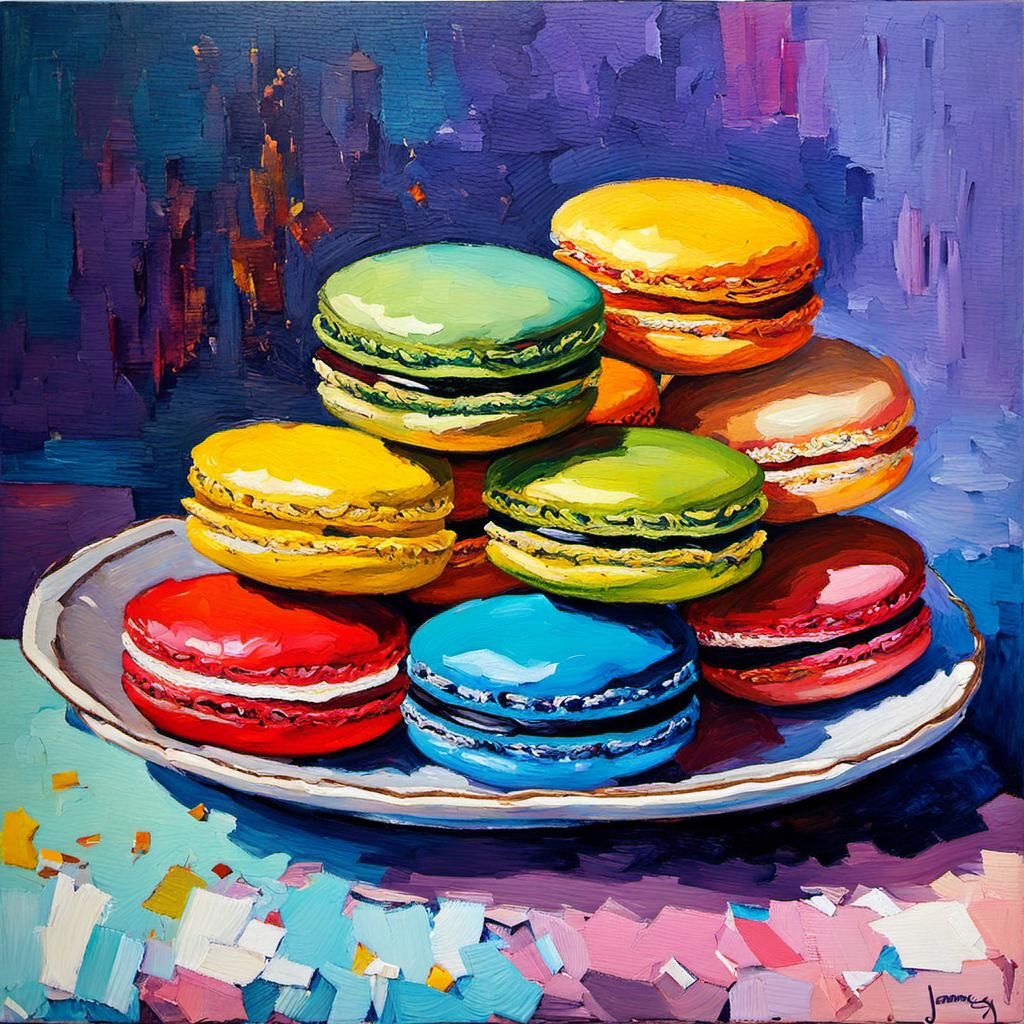 Colourful Macarons in Expressionist Impasto Painting Style