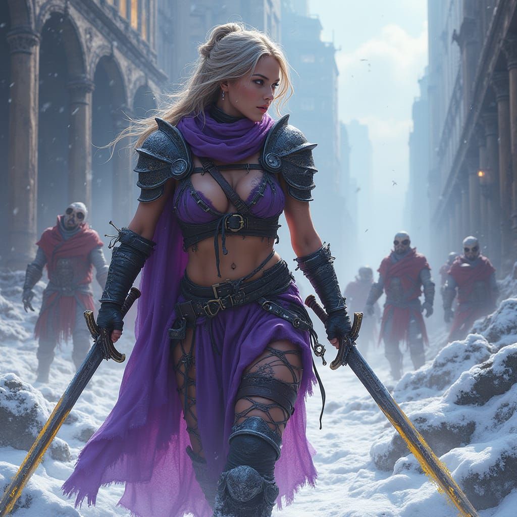 Zombie Apocalypse: Female Warrior in Dark Fantasy City