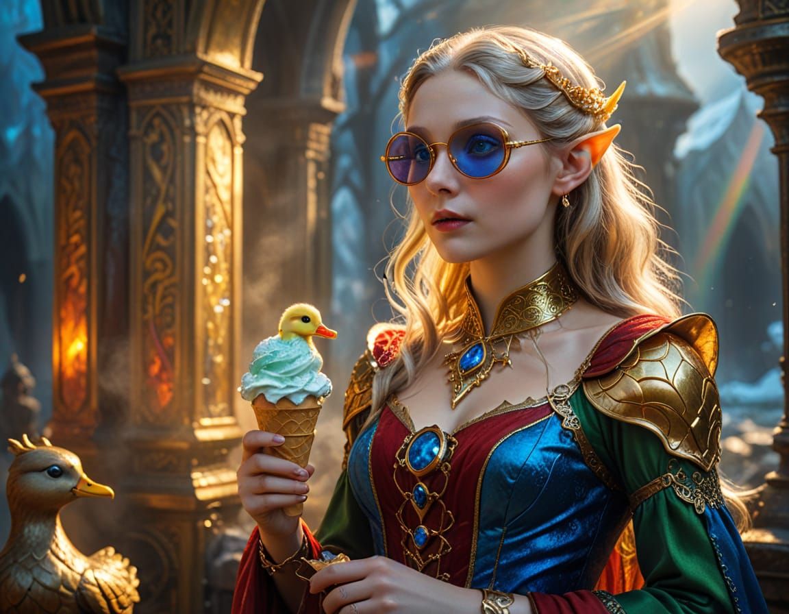 Steampunk Elf Galadriel with Ice Cream, Detailed 3D Renderin...