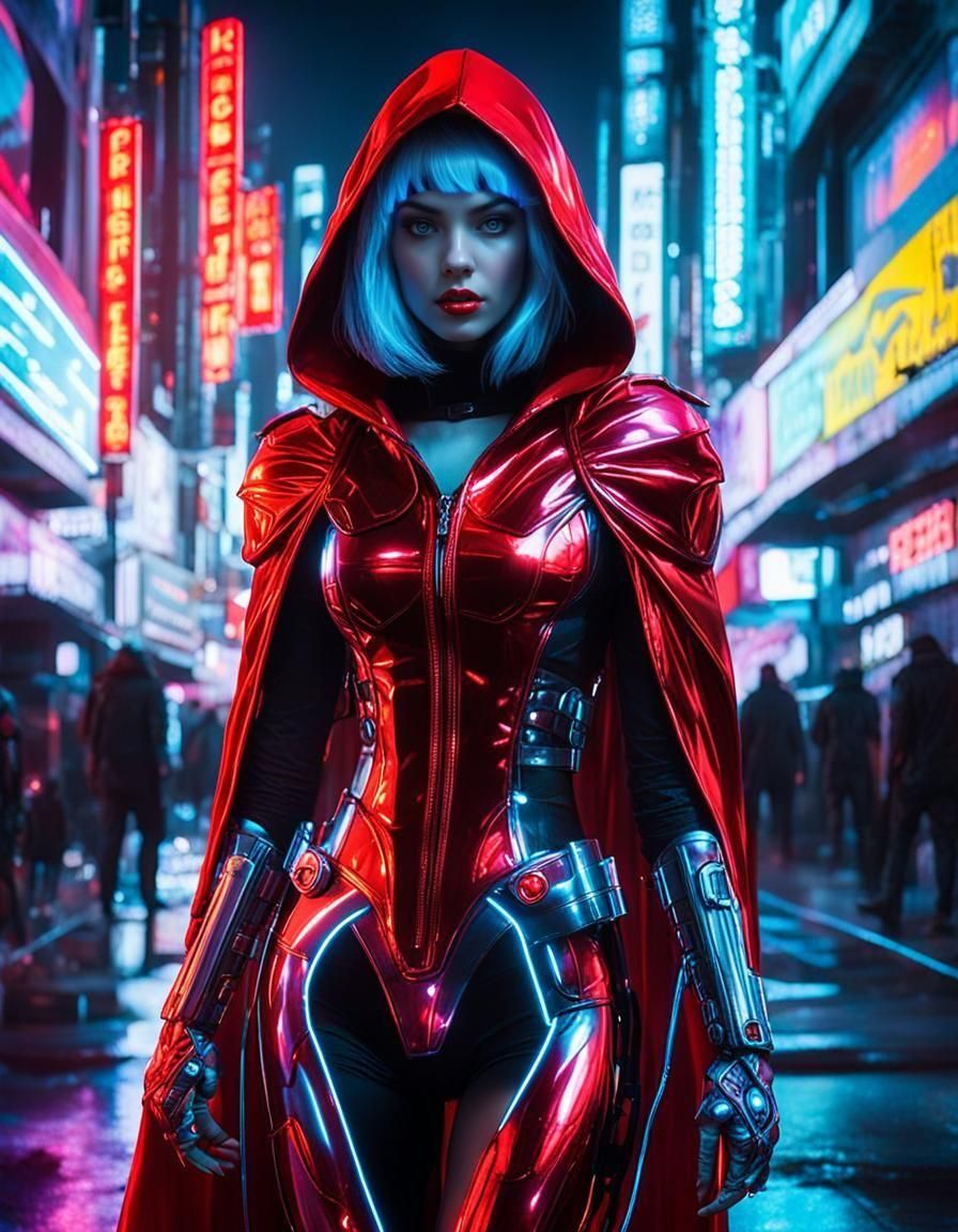 Cybernetic Red Riding Hood in Neon Cityscape