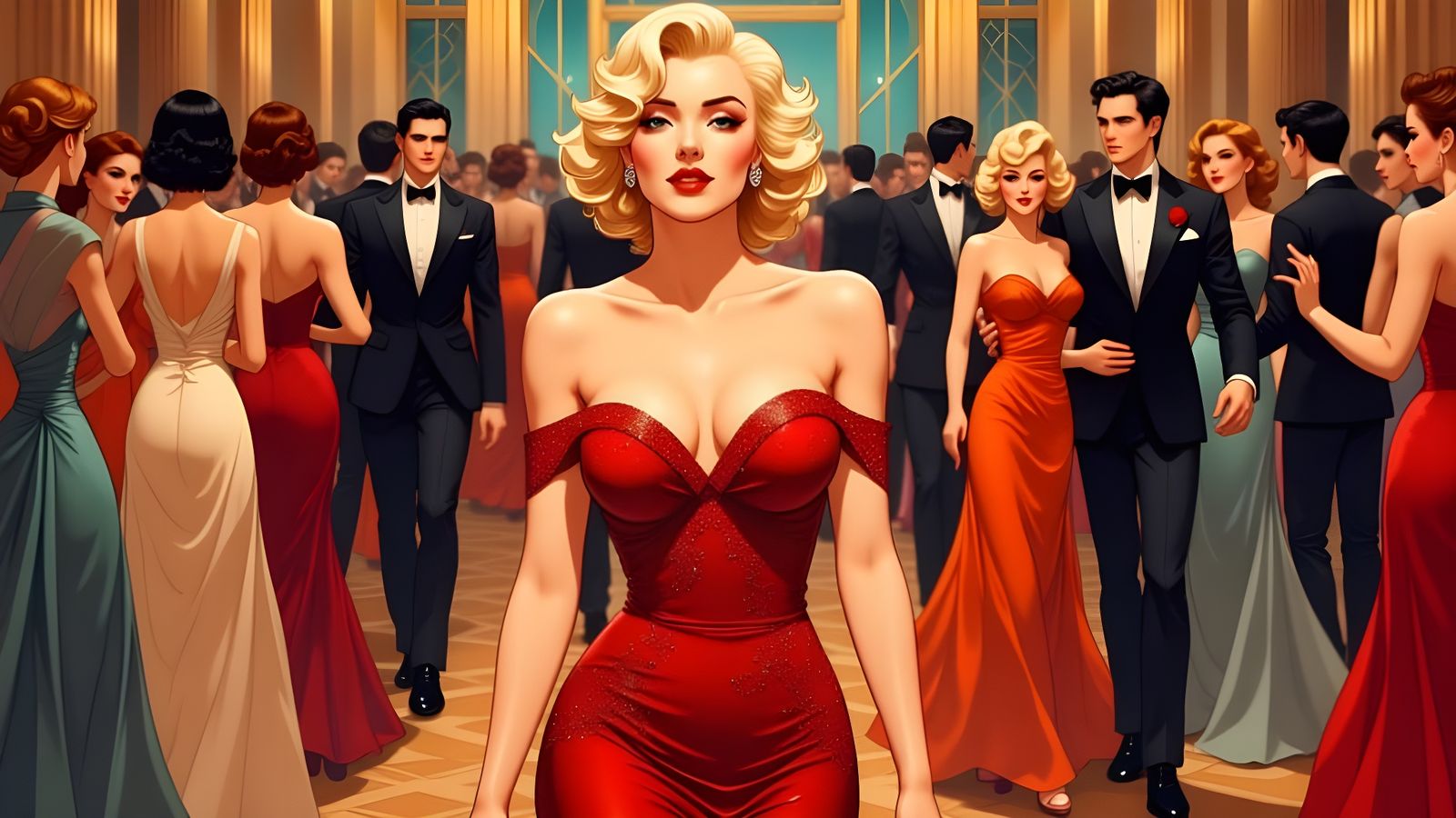 Marilyn Monroe Strides Confidently in Red Anime Style
