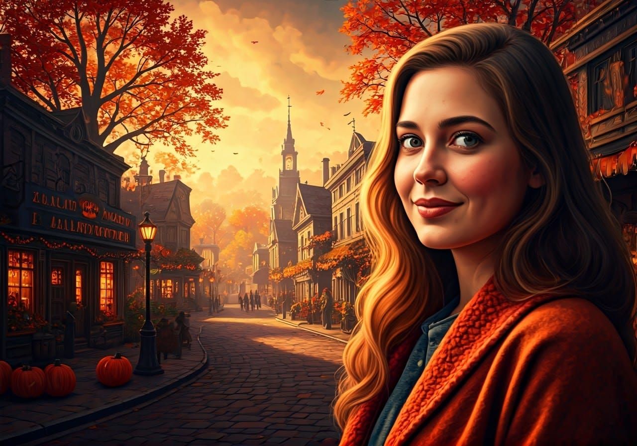 Halloweentown Woman in Autumnal Vintage Postcard