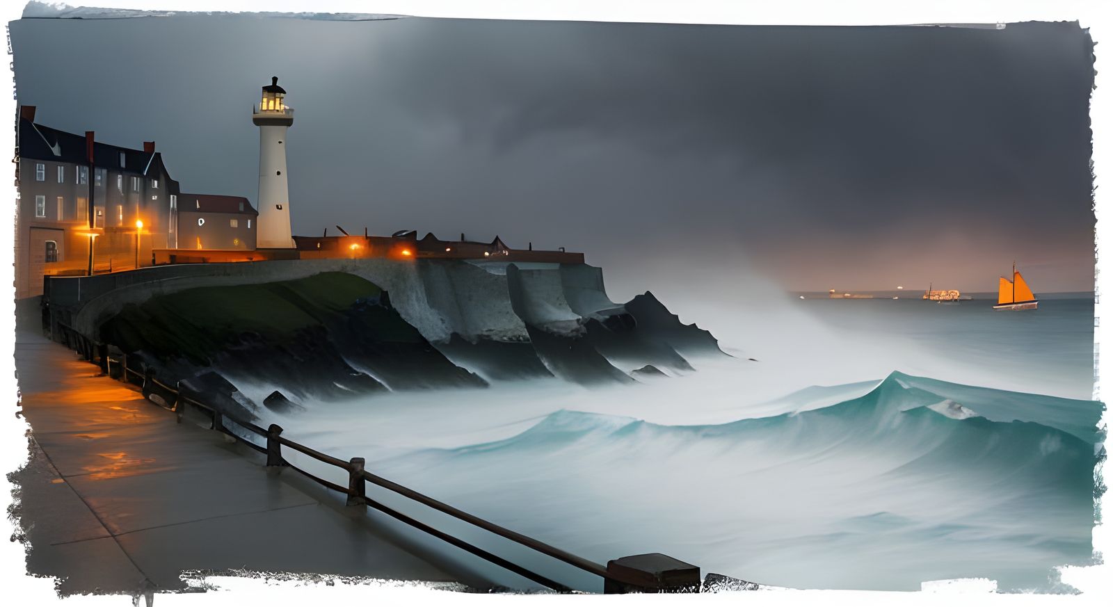 Dramatic Coastal Village Watercolor During a Storm