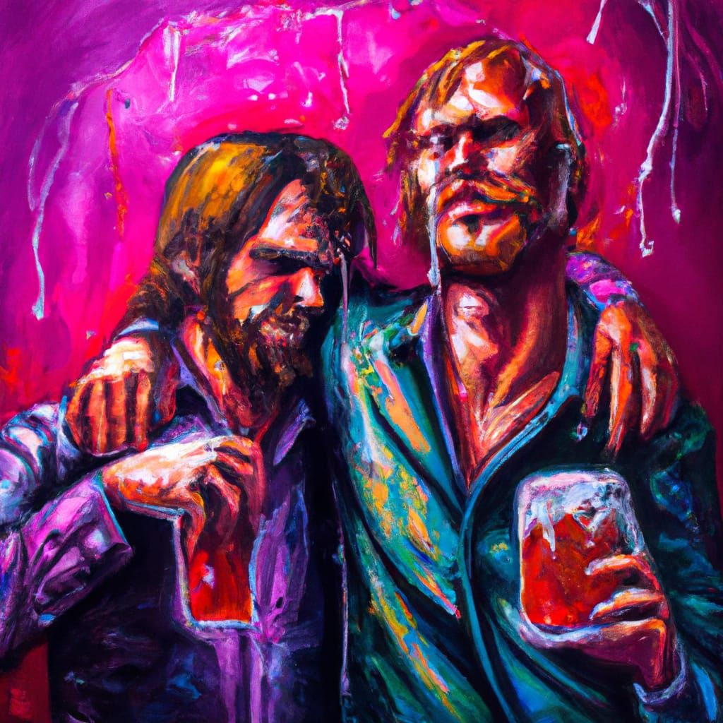 Hyperrealistic Alcoholic Friends in Gouache Style