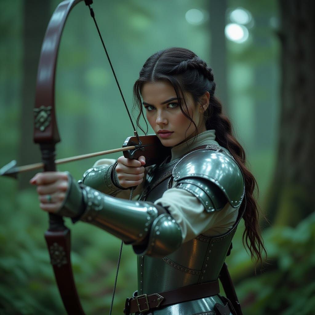 Dark-Haired Warrior Girl Aims Arbalest in Forest