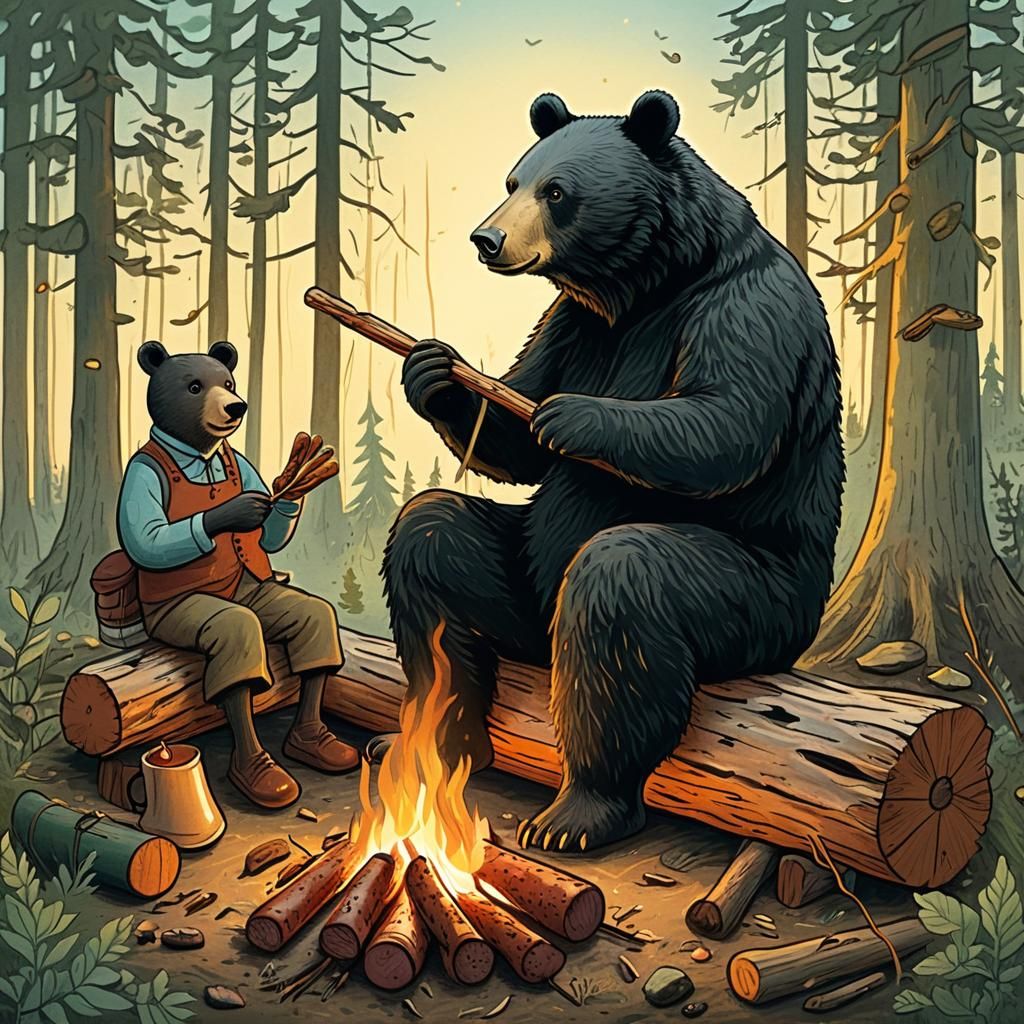 Whimsical Forest Campfire Illustration in Storybook Style