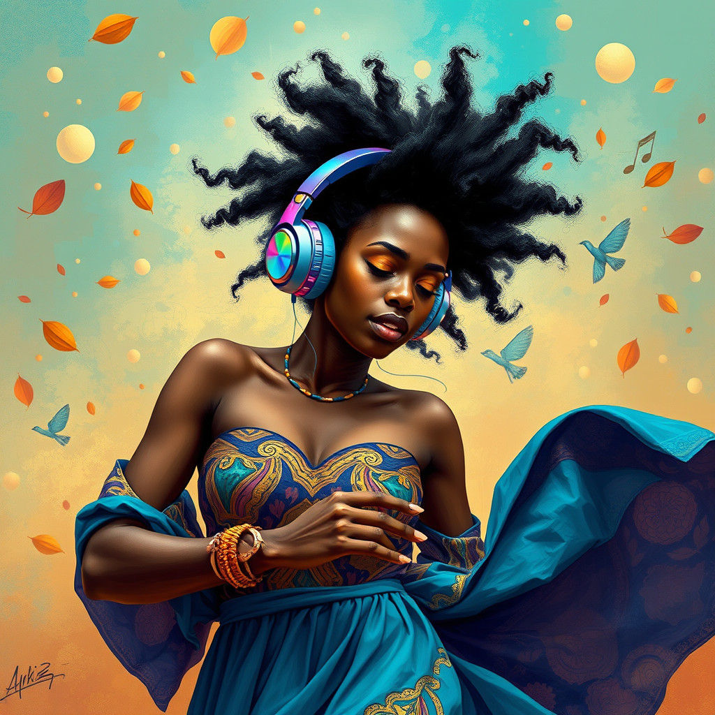 Dynamic African Woman Dancing in Dreamlike Ambiance