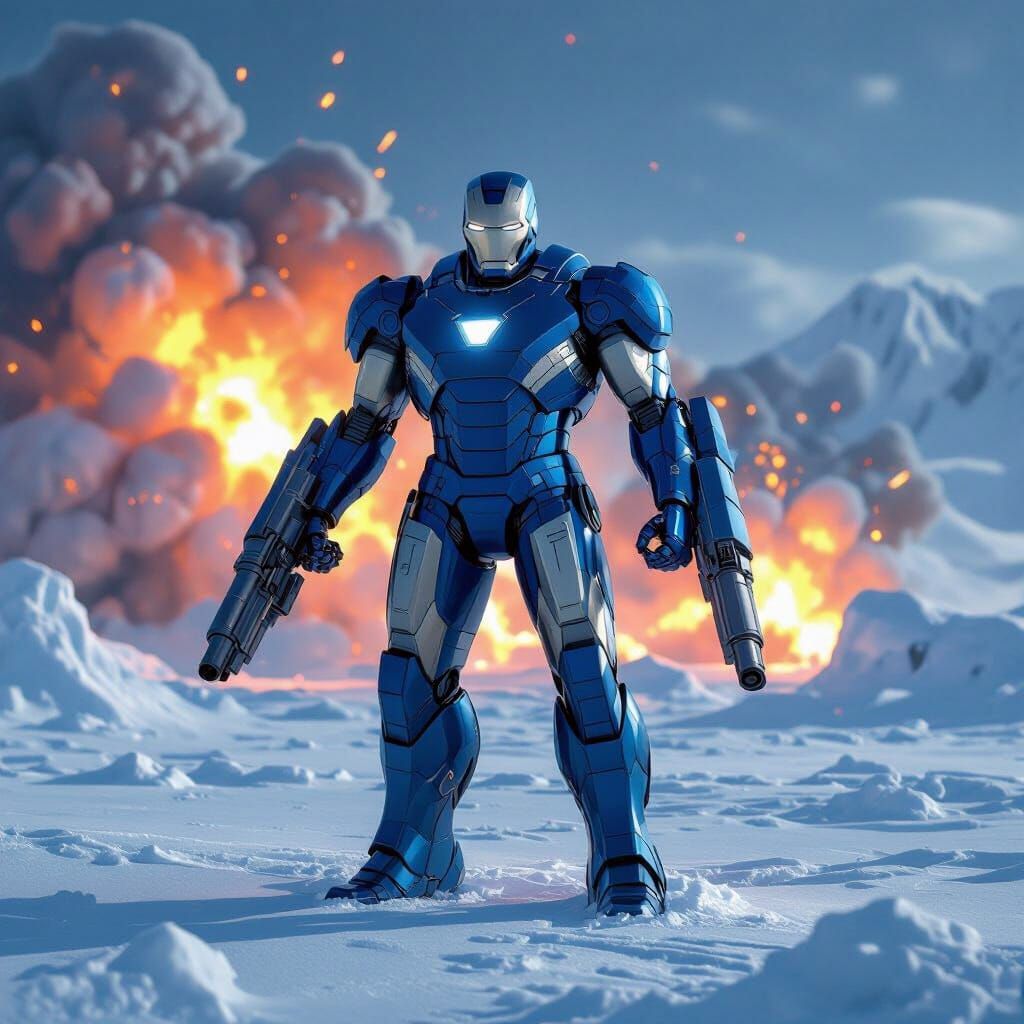 Blue Iron Man in Antarctica Amid Explosions