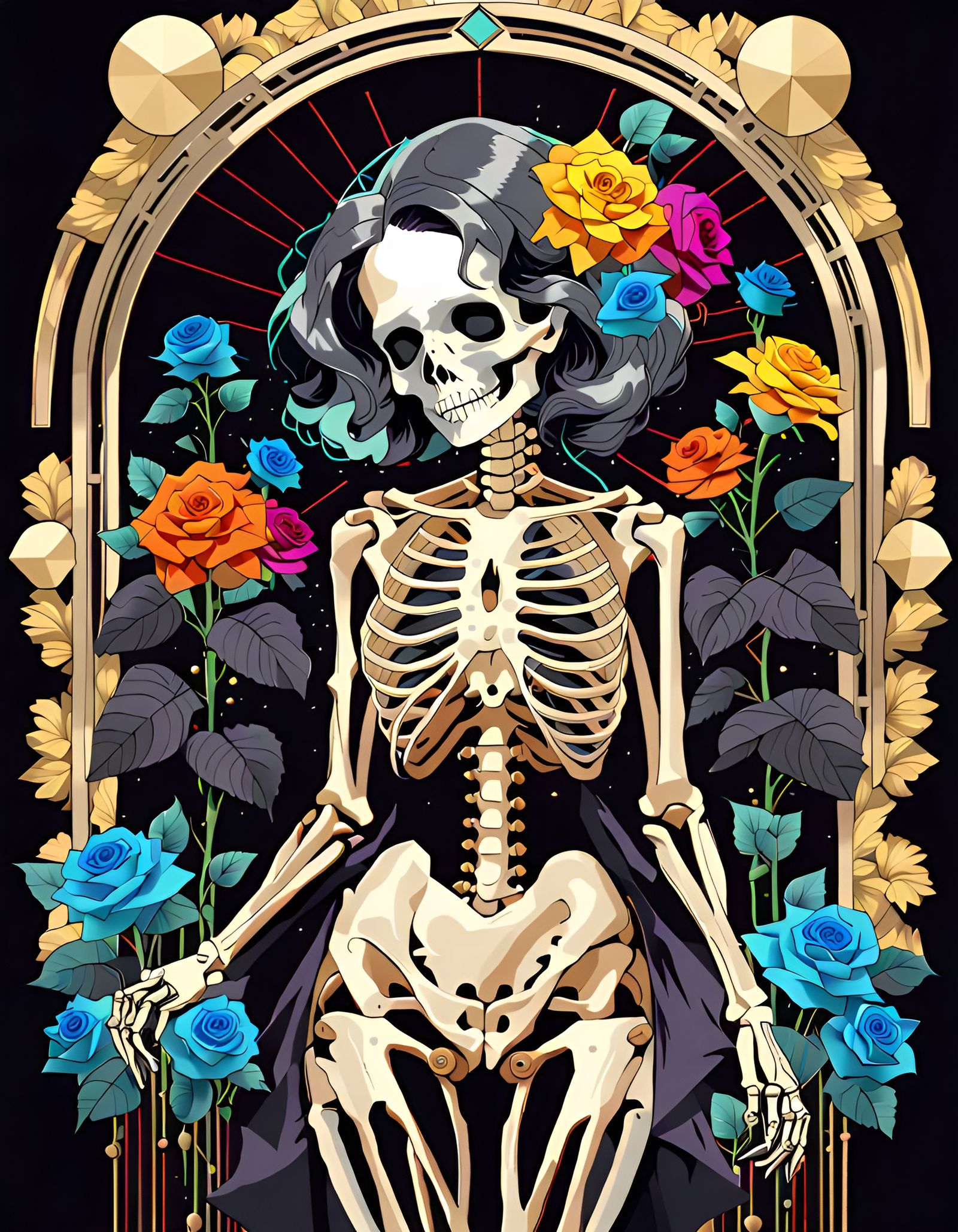 Skeleton Woman with Black Roses: Pop Art