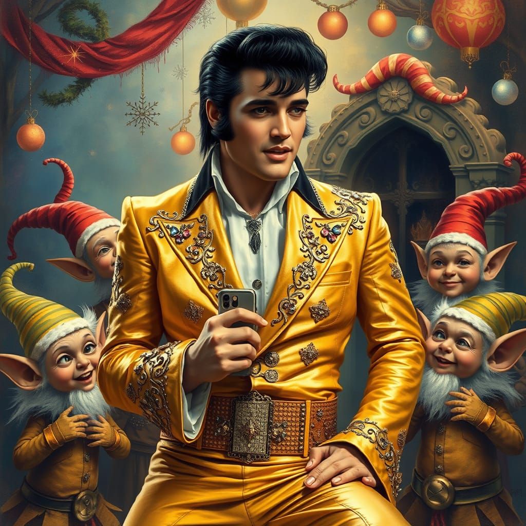 Elvis Presley with Mischievous Elves, Fantasy Illustration