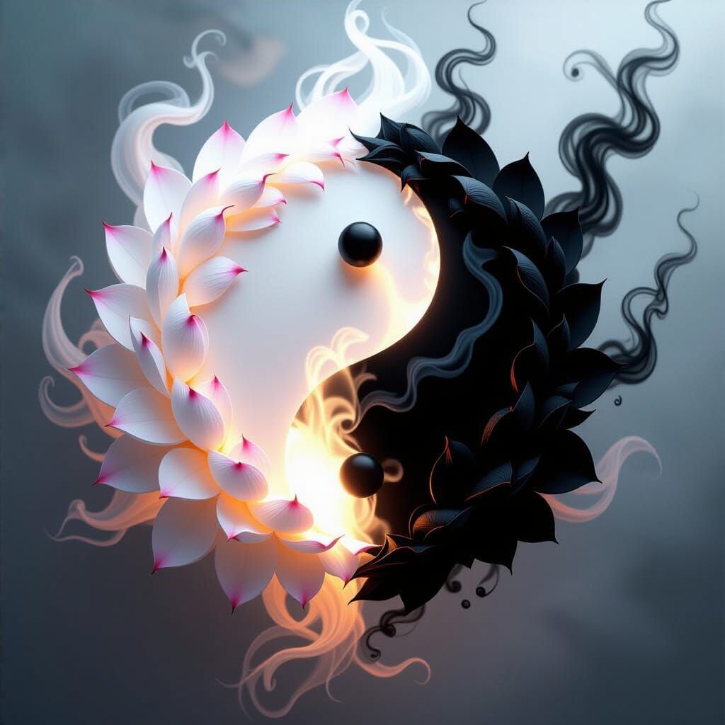 Yin-Yang Symbol of Lotus and Smoke in Ethereal Void