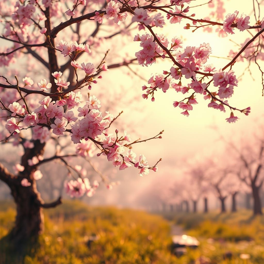 Spring Cherry Blossoms Landscape: Digital Impressionist Art