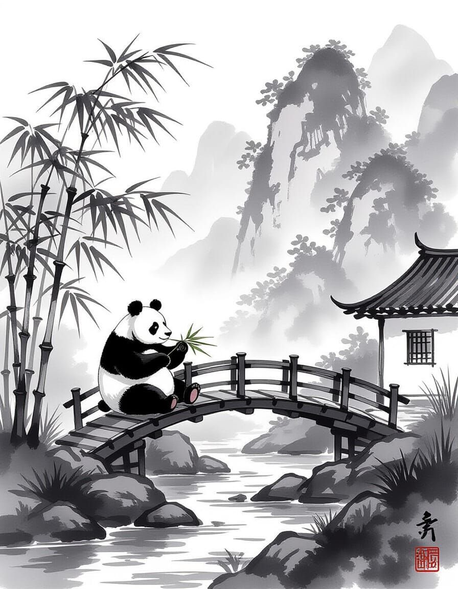 Panda in Huangshan: A Banksy-esque Ink Painting