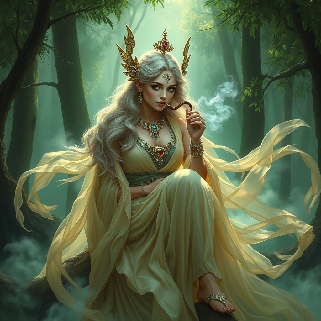 Mystical Goddess Smoking a Pipe in Emerald Forest