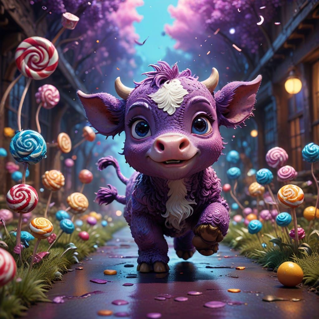 Chibi Purple Cow Runs Through Candy Land