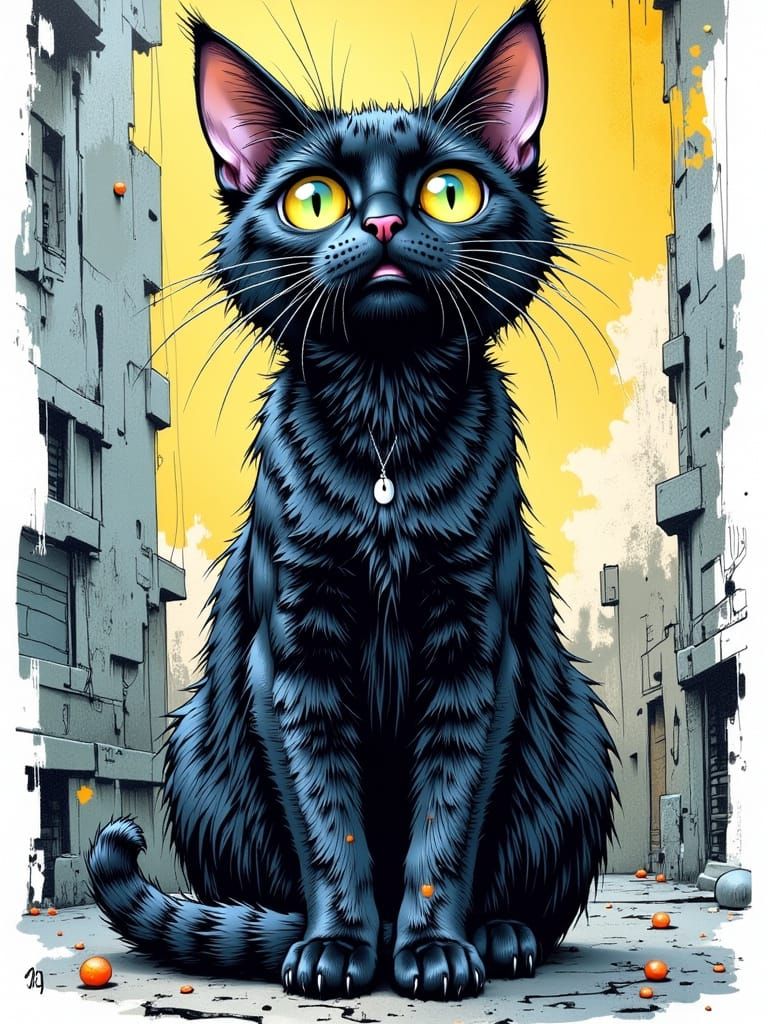 Curious vivid beautiful sitting cat in a city alley