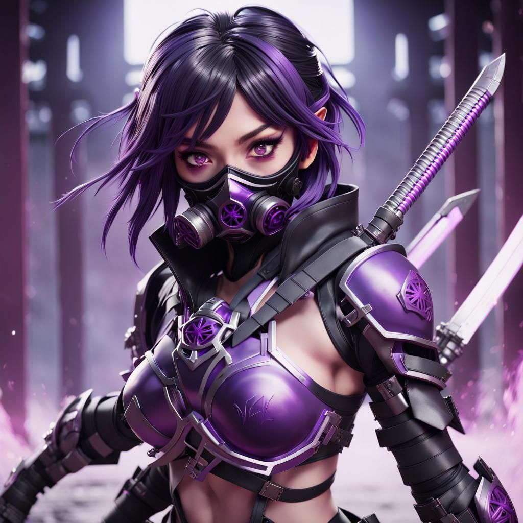 Breathtaking Anime Ninja in Cyberpunk Attire, Posed with Twi...