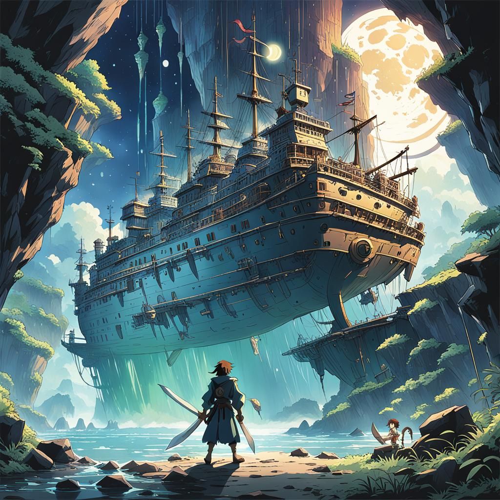 Anime Cave Pirate Ship Under Moon, Ghibli Style