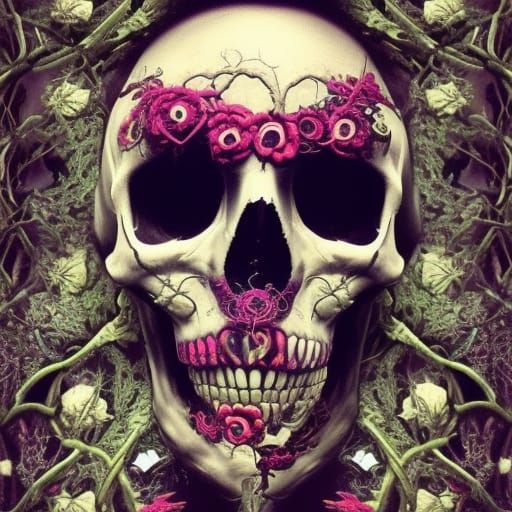 Gothic Skull with Flowers and Vines in Vibrant Colors